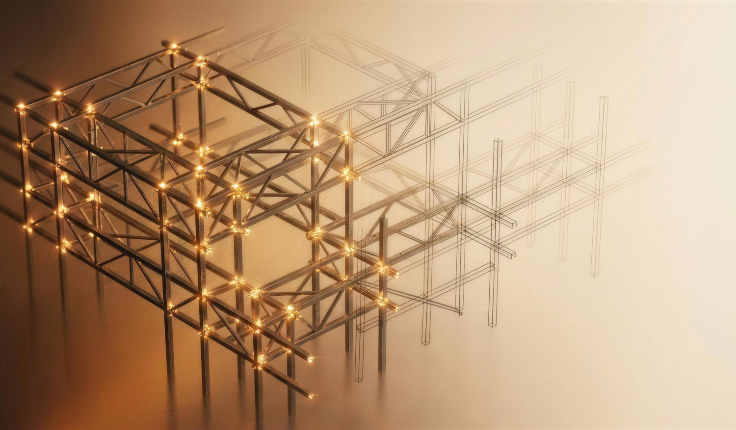 Steel-frame scaffold, mostly built and glowing warm-gold at the joints, a section still to be placed