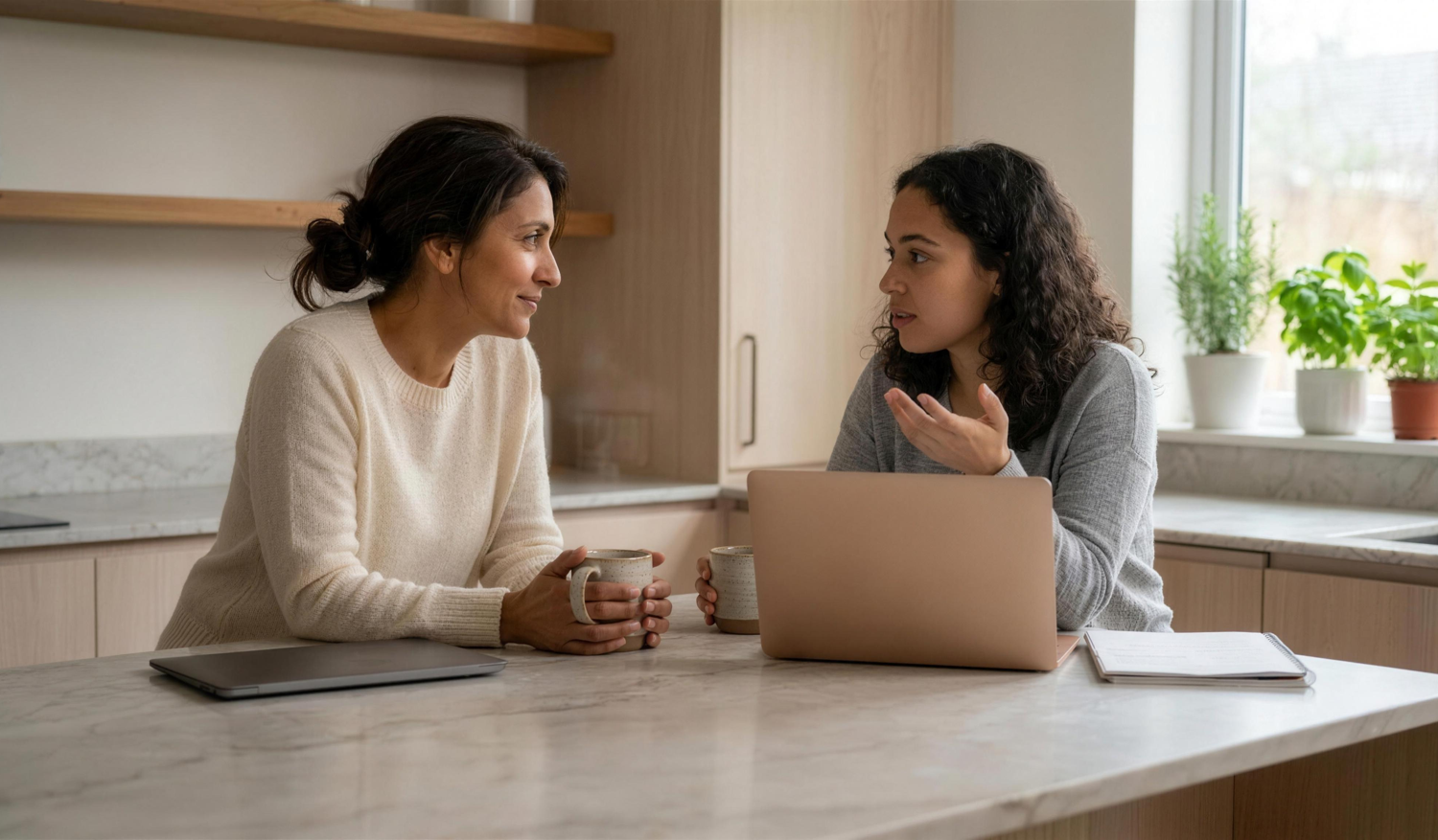 A mother and her uni-age daughter working at their own laptops across a kitchen island, mid-conversation.