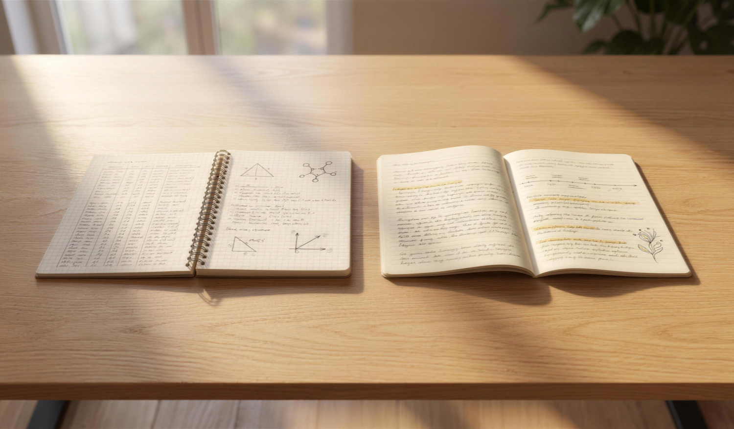 Two students' open notebooks side by side on a desk