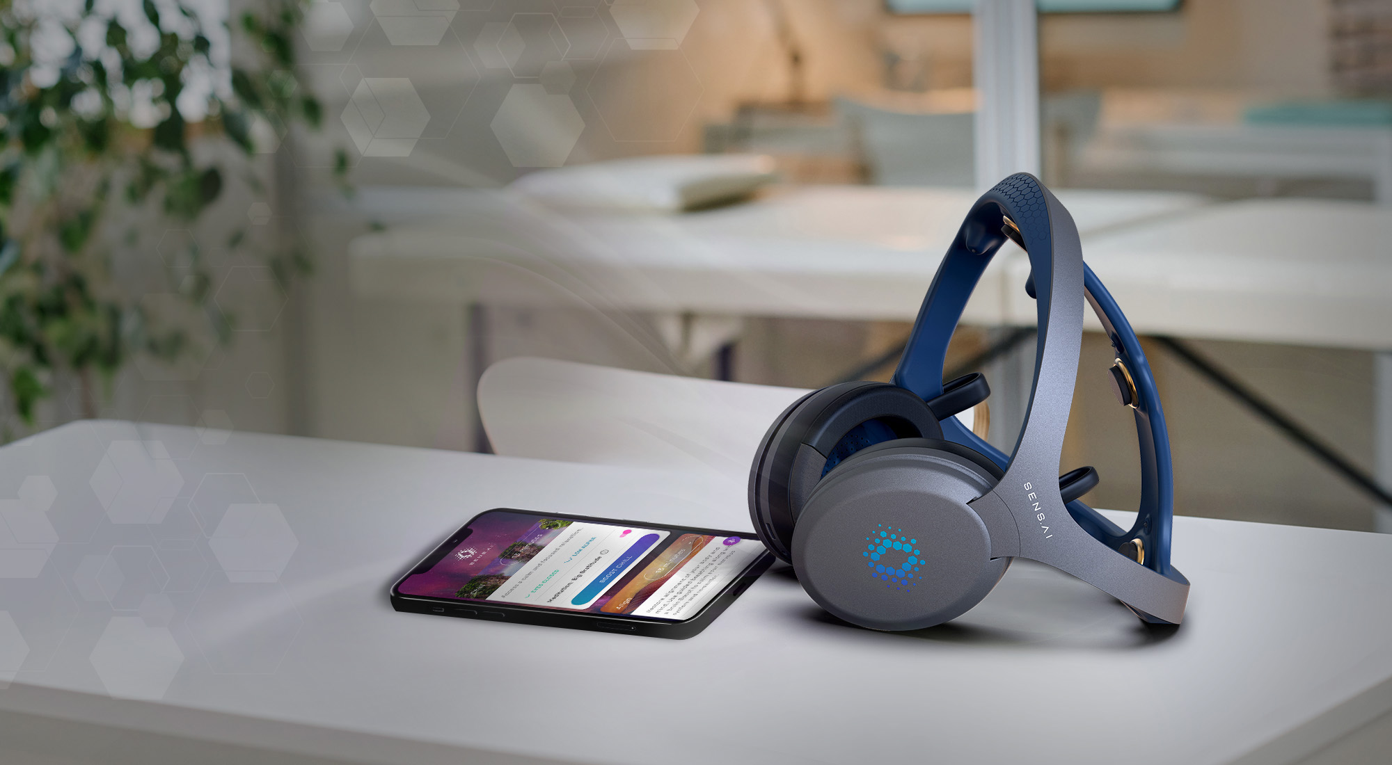 The Sens.ai headset and app on a desk